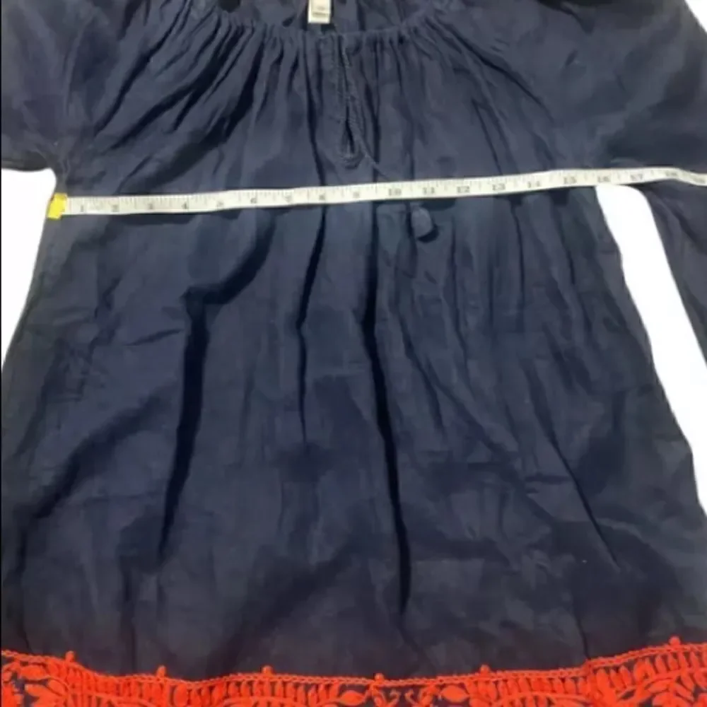 J.CREW 100% Linen embroidered Tunic Navy blue red peasant dress Sz XXS 378A
